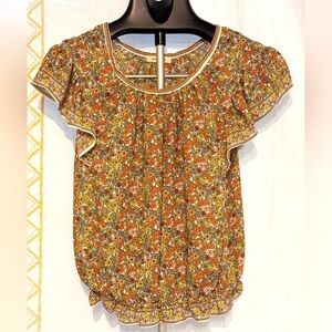 Max Studio Women’s size Small floral smocked blouse short cap sleeves